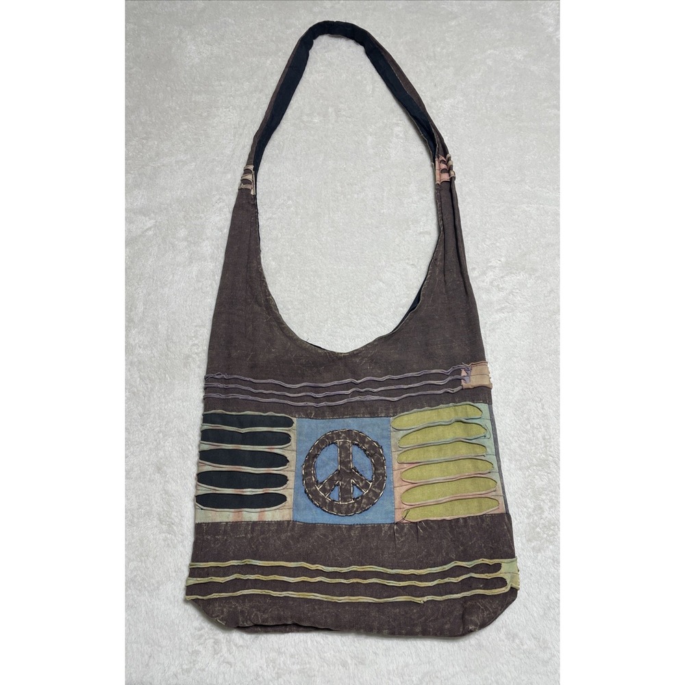 Kathmandu Imports Bag Peace Symbol Hobo Purse Brown Cross Body Top Handle Nepal